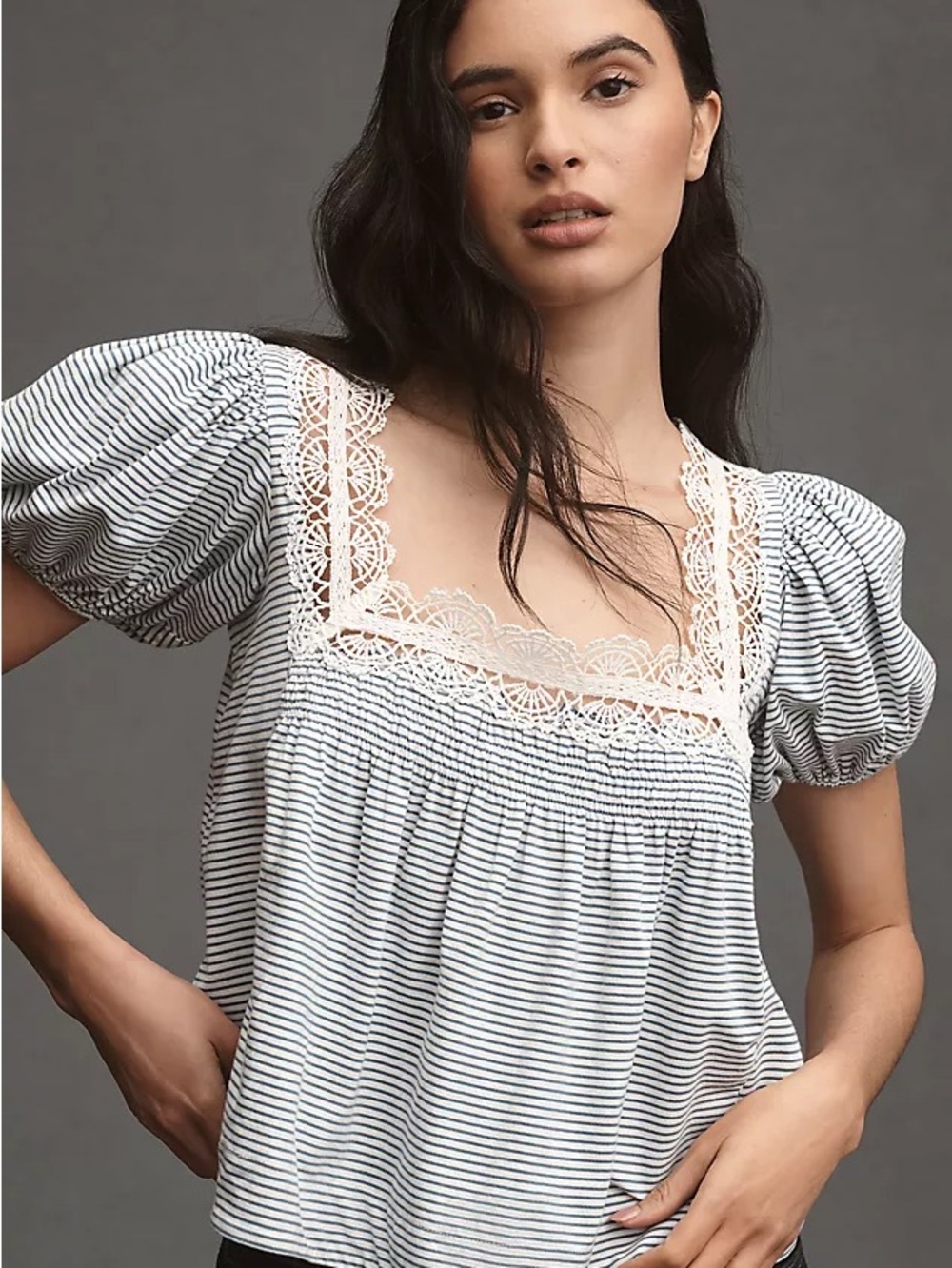Maeve Anthropologie Blue Striped Square-Neck Lace Trim Puff Sleeve Top